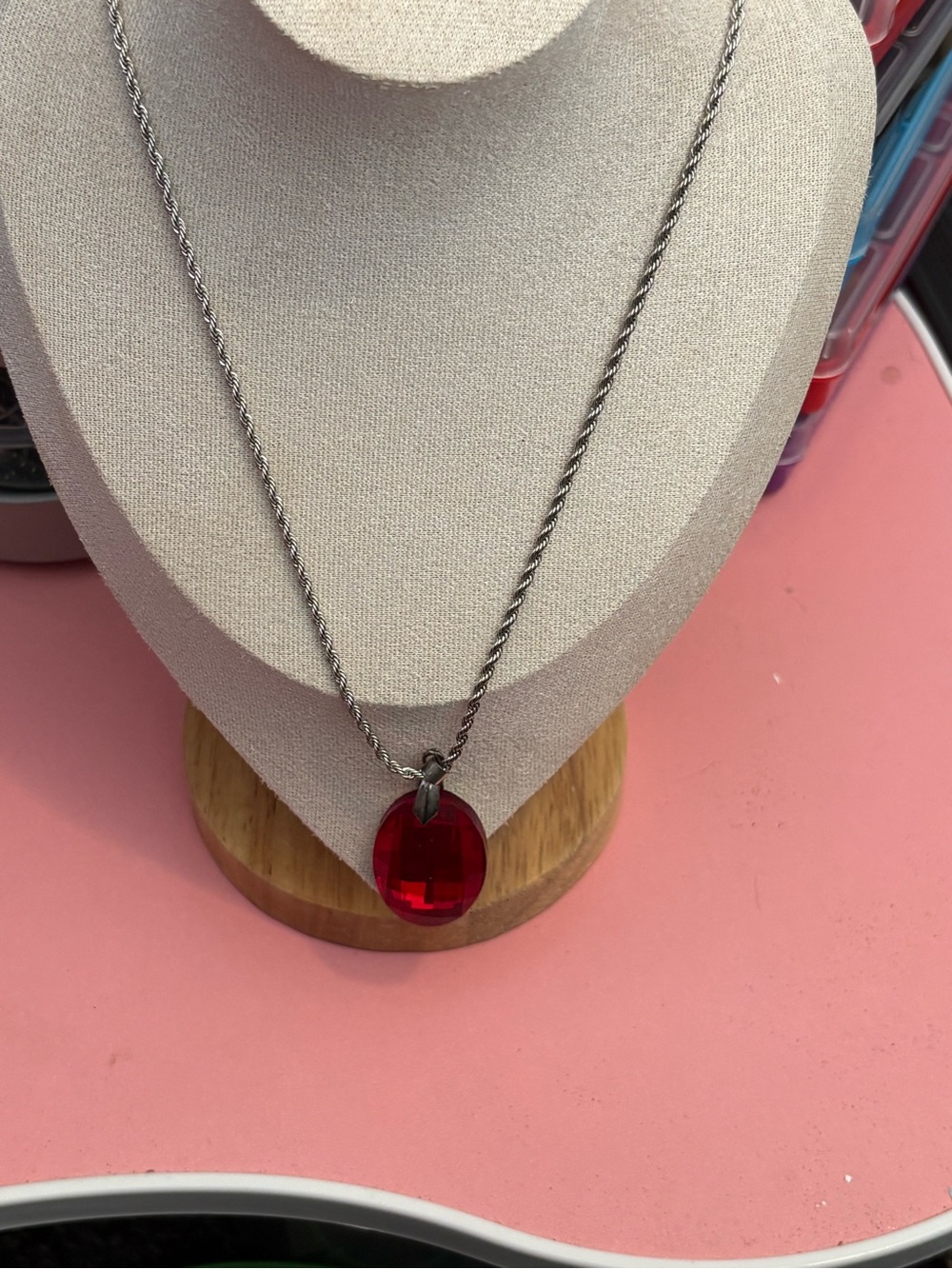 Trifari Red Crystal Pendant Necklace with Twisted Silver-Tone Chain